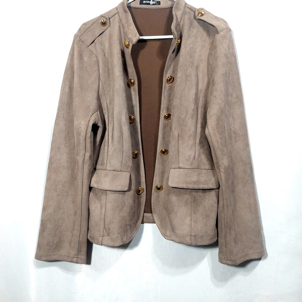 Allegra K Womens XL Faux Sued Jacket Blazer Taupe‎ Open Accent Buttons Pockets